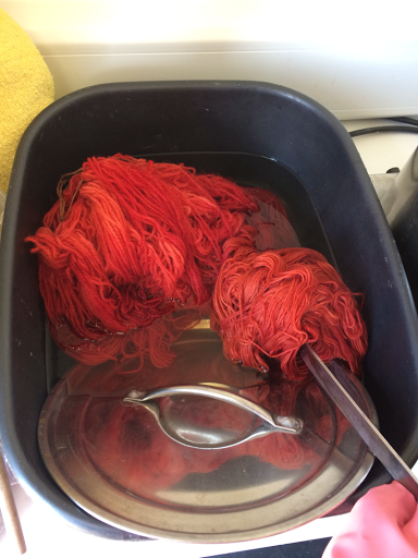 red hanks of wool being taken out of pot