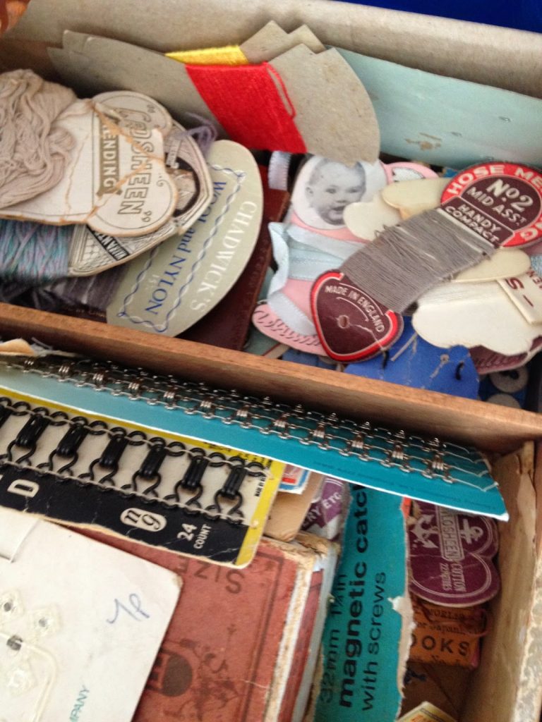 inspiration boxes full of sewing ephemera and vintage packaging