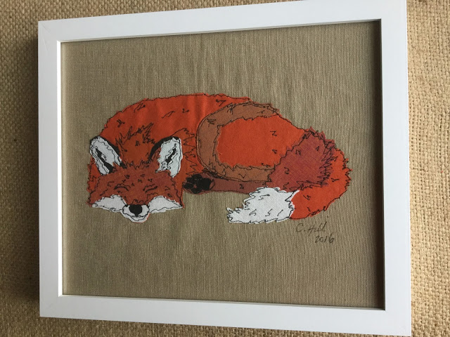 Embroidery  Stitched and Applique Fox - Framed and hanging on the wall