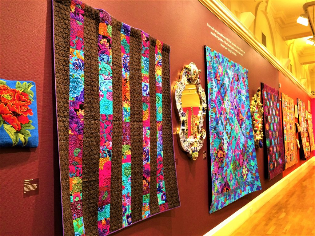 Kaffe Fassett quilts and mosaic mirrors