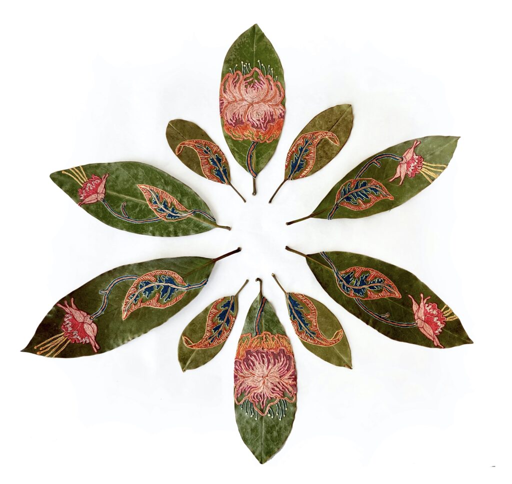 'Caught in Spring' - hand embroidered leaves by Hillary Waters Fayle