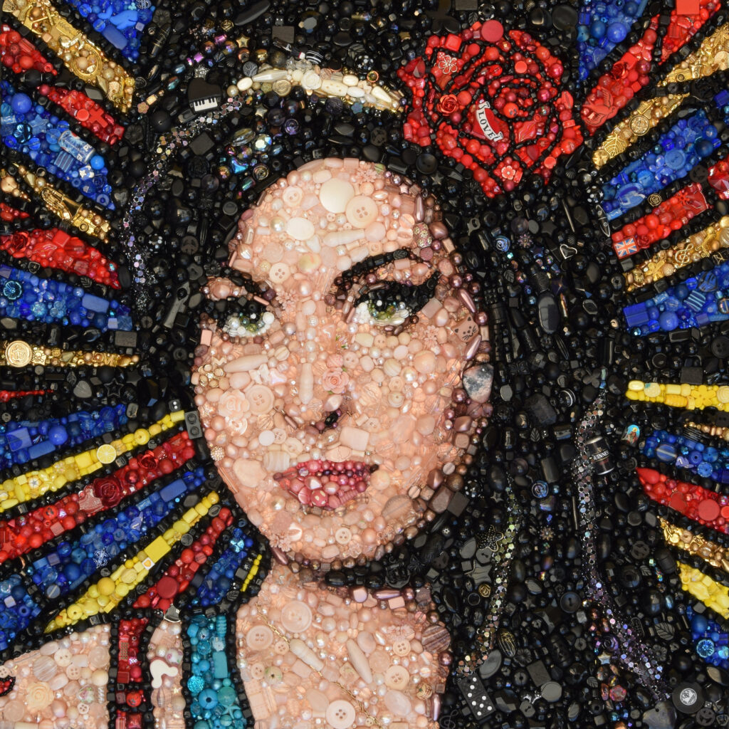 Hand beaded and Hand embroidered image of Amy Winehouse