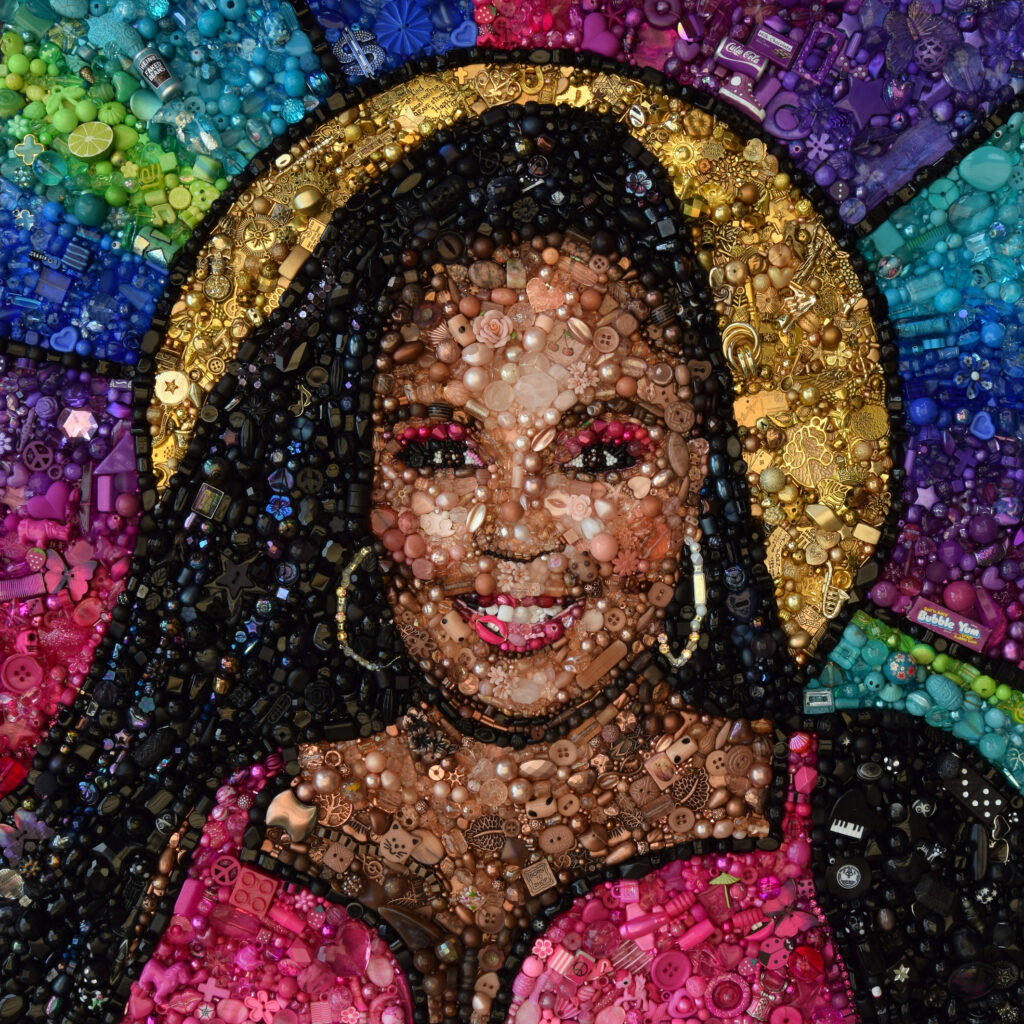 Hand beaded and hand embroidered image of Lizzo by artist Sarah Gwyer