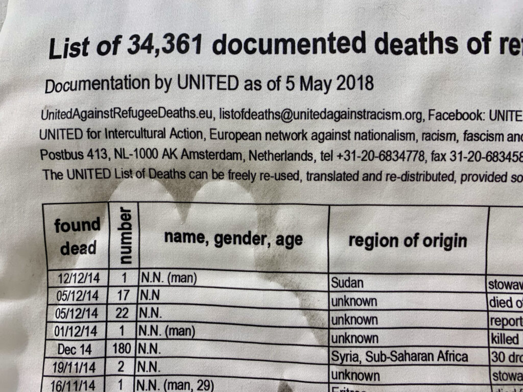 Artwork by Sabi Westoby - Names , numbers of deaths and cause of death - The List - priinted onto cotton cloth and embroidered